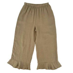 NWOT Flax Womens Small Beige Linen Ruffle Hem Elastic Waist Cropped Pants